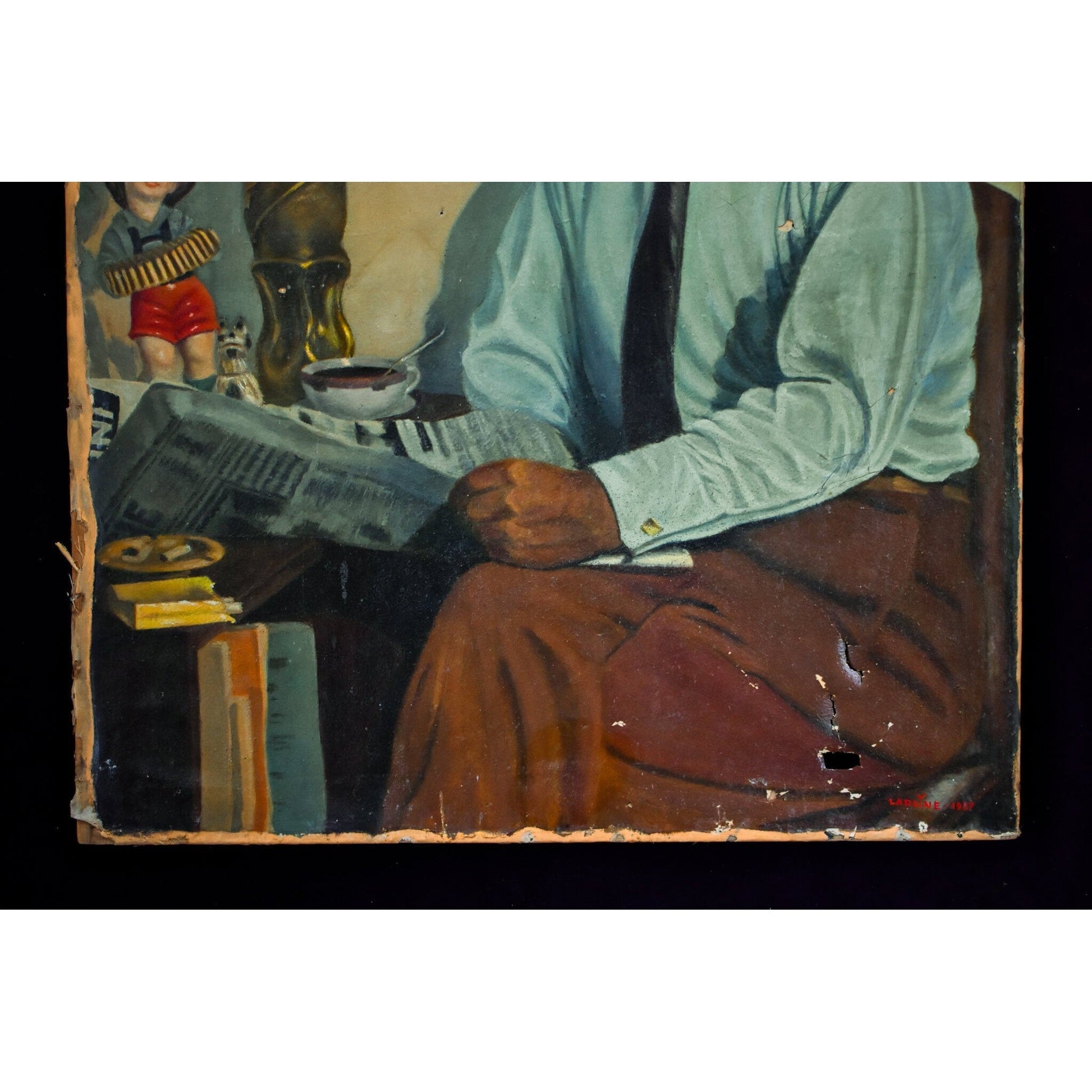 Vintage genre oil painting, interior scene with a man reading a newspaper, to be restored, for sale at Winckelmann Gallery.