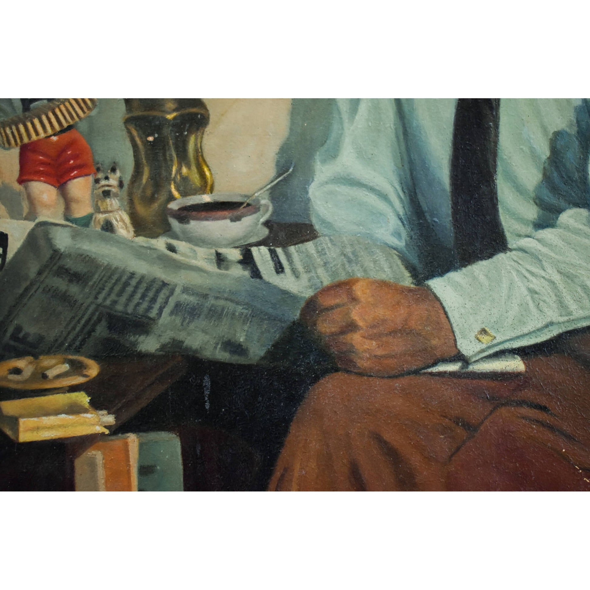 Vintage genre oil painting, interior scene with a man reading a newspaper, to be restored, for sale at Winckelmann Gallery.