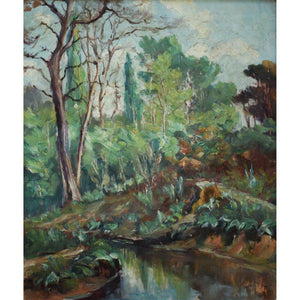 20th century French school oil painting forest stream landscape Winckelmann Gallery