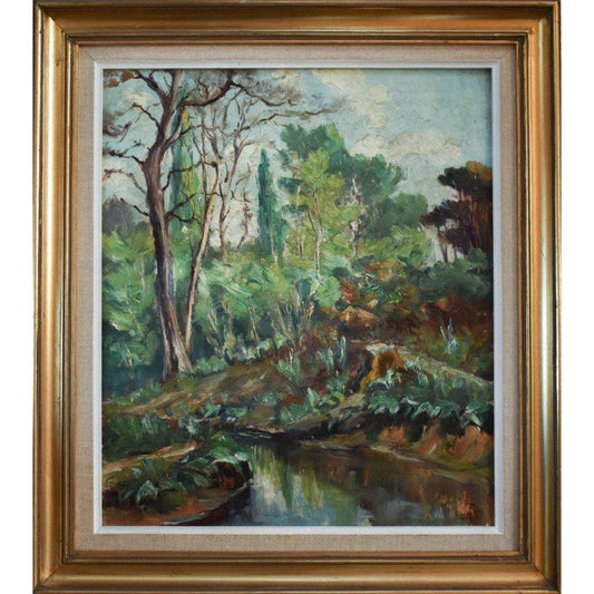 20th century French school oil painting forest stream landscape Winckelmann Gallery