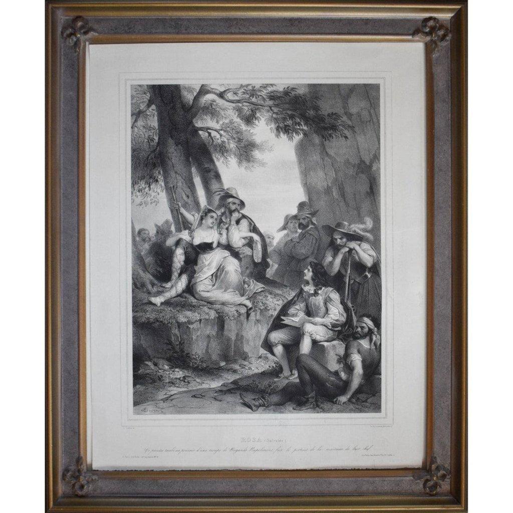 Achille Devéria 1838 Salvator Rosa and bandits lithograph in frame
