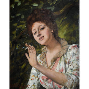 Alfred Mendoza oil painting depicting a scene of a young woman smoking Winckelmann Gallery