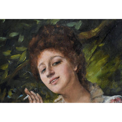 Alfred Mendoza oil painting depicting a scene of a young woman smoking Winckelmann Gallery