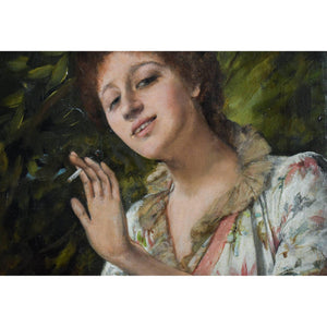 Alfred Mendoza oil painting depicting a scene of a young woman smoking Winckelmann Gallery