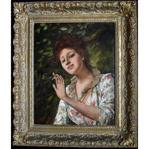 Alfred Mendoza oil painting depicting a scene of a young woman smoking Winckelmann Gallery