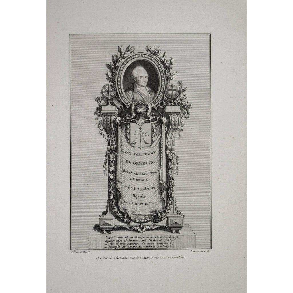 Close-up detail Court de Gébelin face Antoine Louis Romanet 1776 etching
