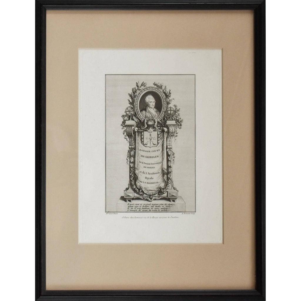 Antoine Louis Romanet 1776 etching Court de Gébelin portrait in frame
