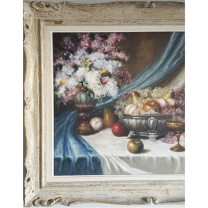 Vintage still life oil painting flowers and fruits circa 1950 by Bela Balogh for sale at Winckelmann Gallery