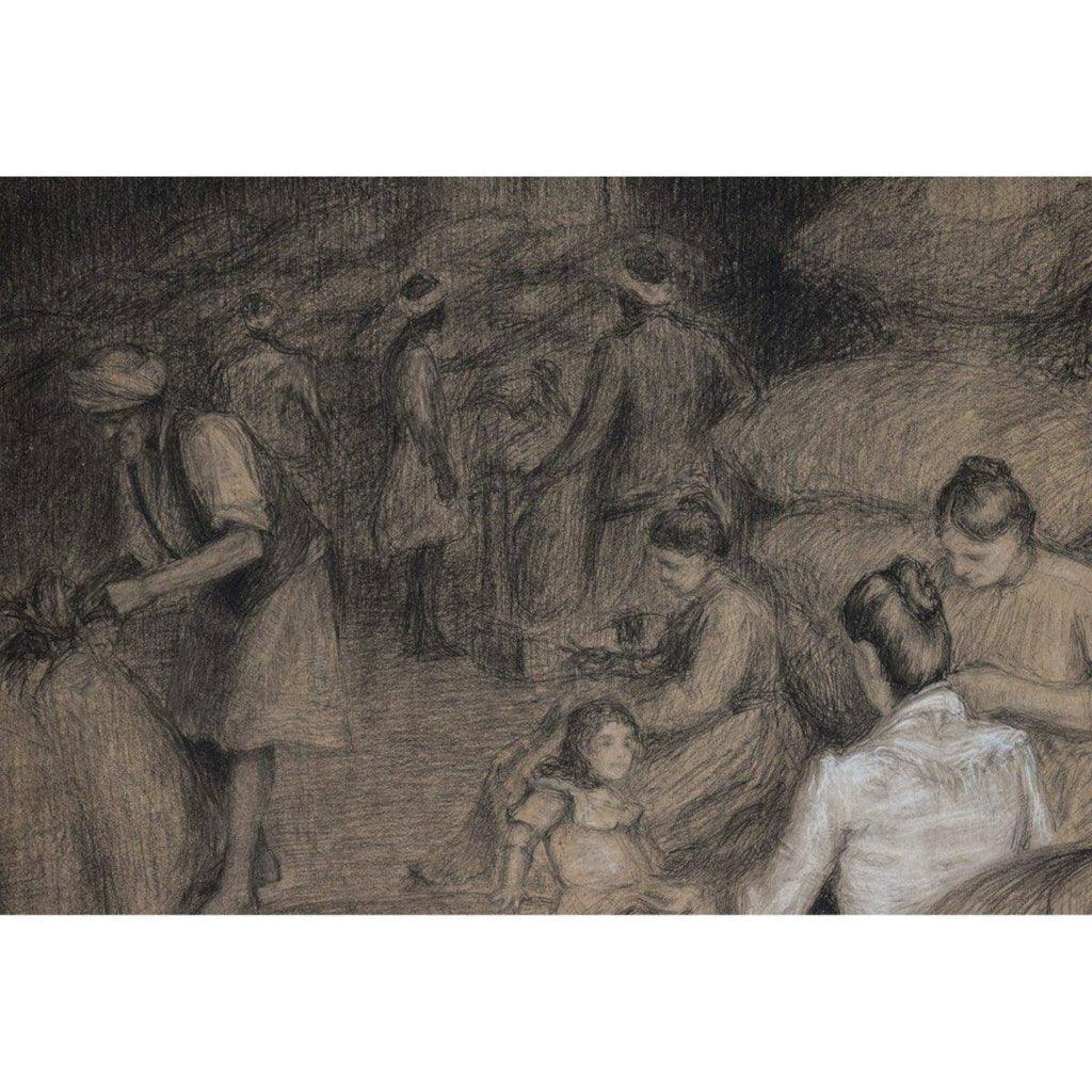 Detail view of workers and young girl Édouard Pannetier c.1910 charcoal
