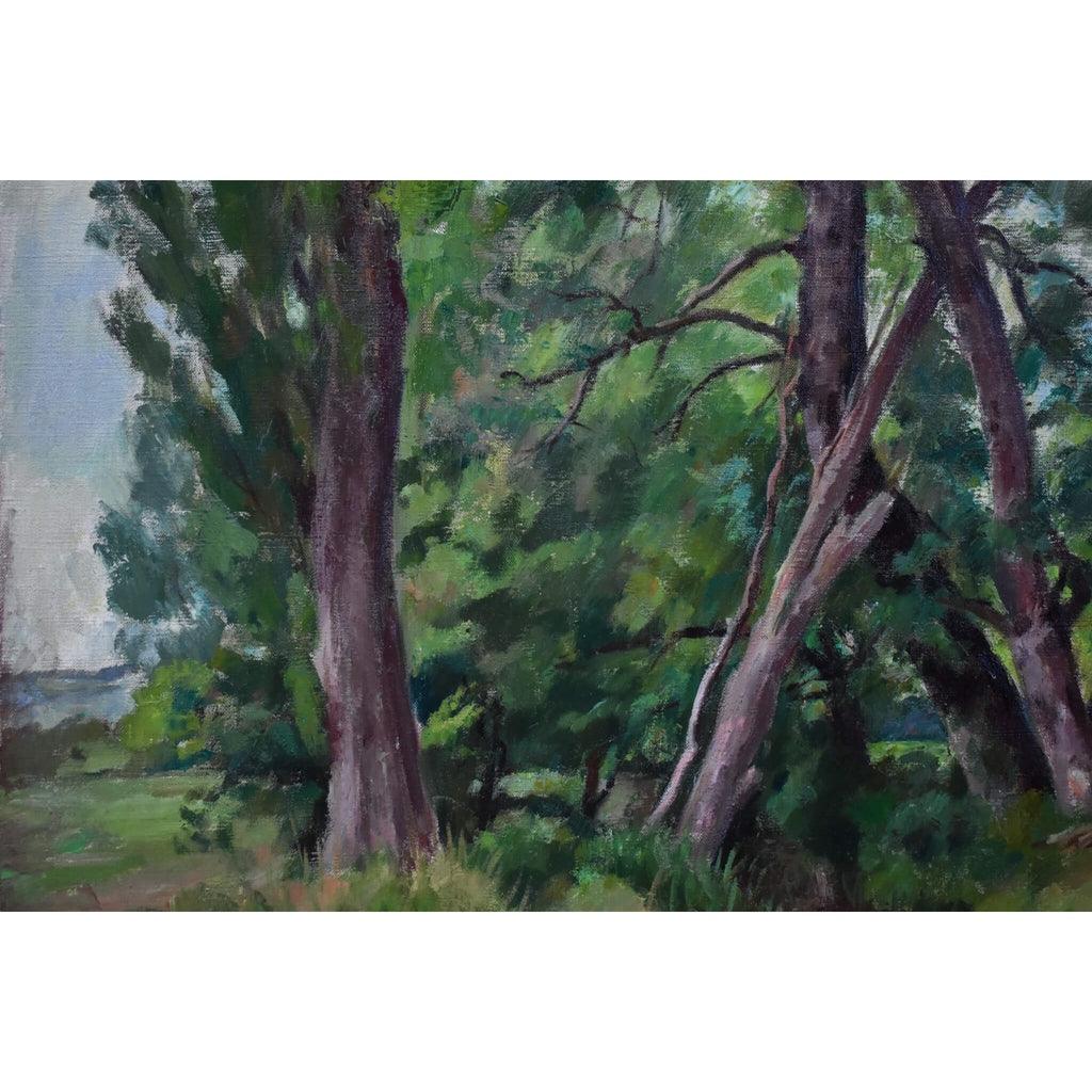 Detail view of verdant forest and water French landscape
