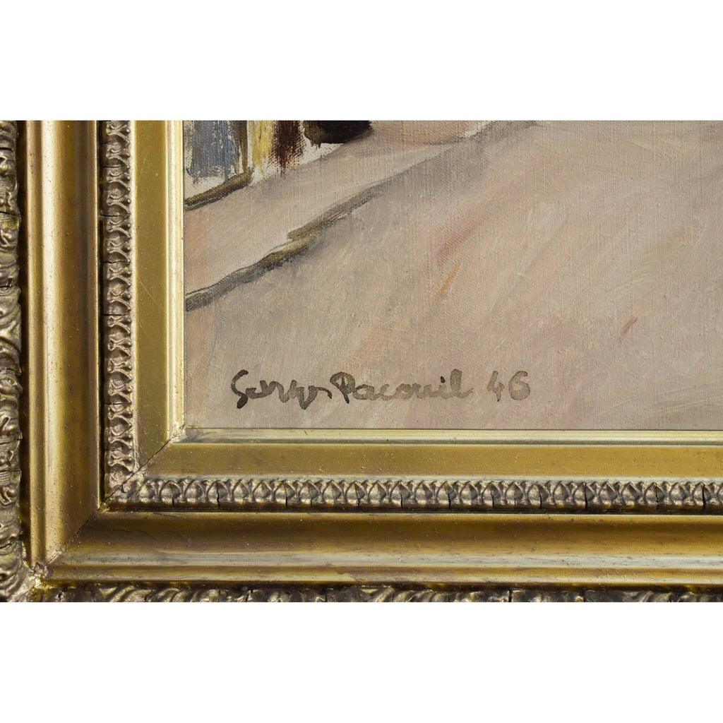 Artist signature detail Georges Pacouil lower corner winter street painting
