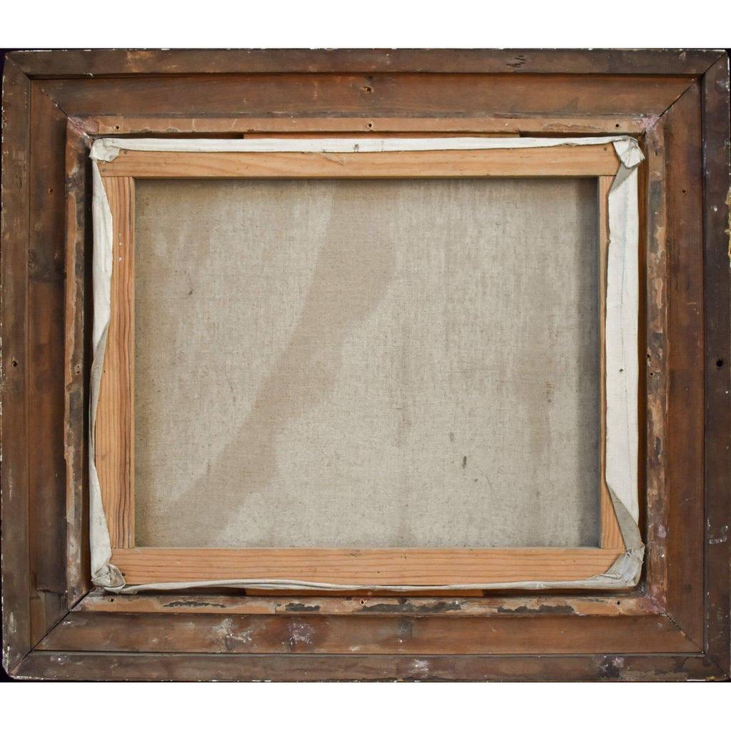 Verso back of Georges Pacouil 1946 painting showing frame and canvas
