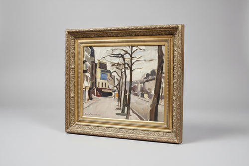 Georges Pacouil Paris winter street scene full view in ornate frame
