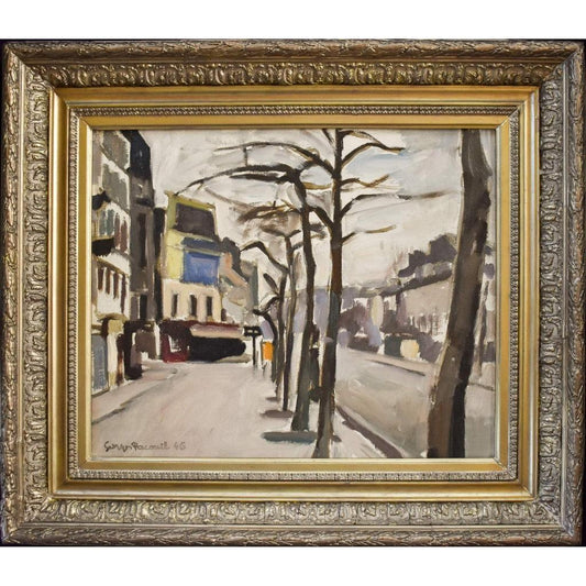 Georges Pacouil 1946 oil painting Paris street winter scene with snow
