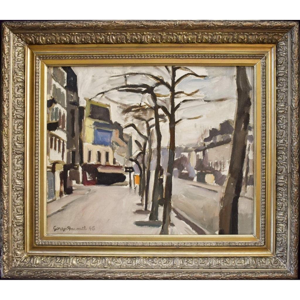 Georges Pacouil 1946 oil painting Paris street winter scene with snow
