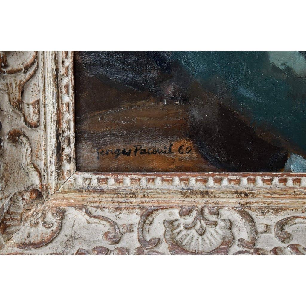 Artist signature detail Georges Pacouil 1960 lower portion of self-portrait
