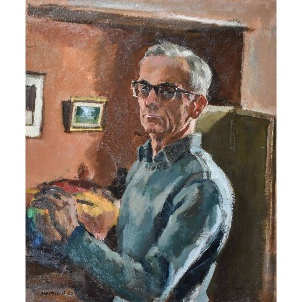 Close-up detail of artist's face Georges Pacouil 1960 self-portrait oil painting
