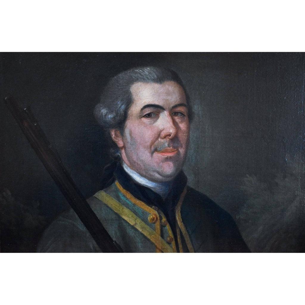 Detail view of hunting attire and rifle Georges de Roose 1758 oil painting


