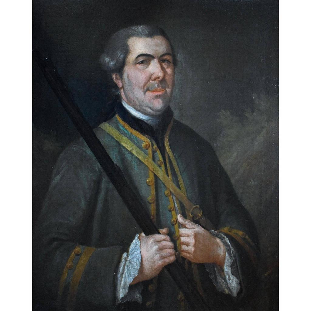 Close-up detail face and rifle Georges de Roose 1758 hunter portrait
