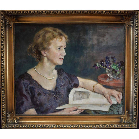 Hugo Backmansson 1923 woman reading magazine violet dress gilded frame
