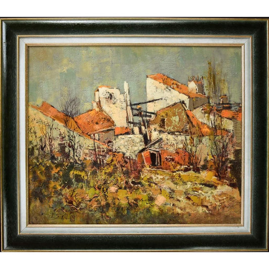 Jacques Sokol 1969 oil painting Pont-du-Château village in modern frame
