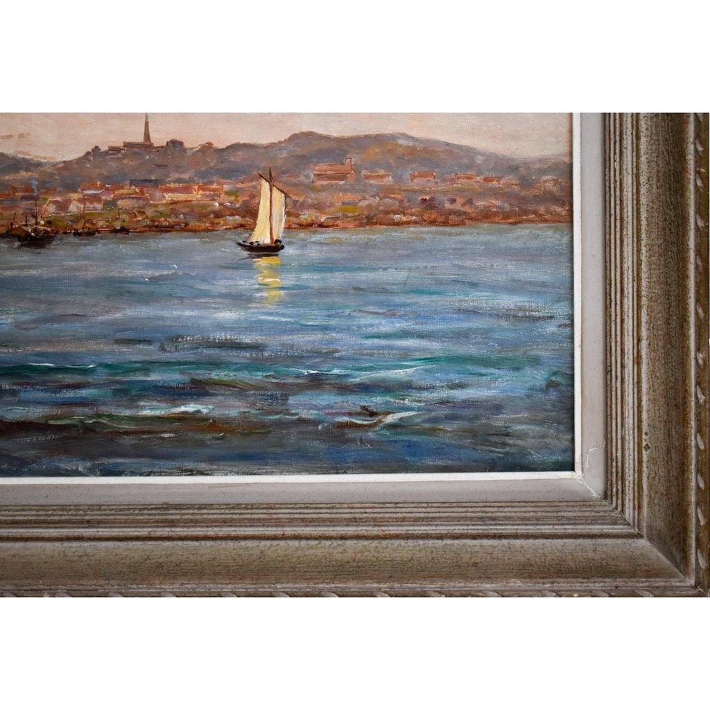 Detail of maritime scene and brushwork Jean-Louis Verdié c.1900 oil painting
