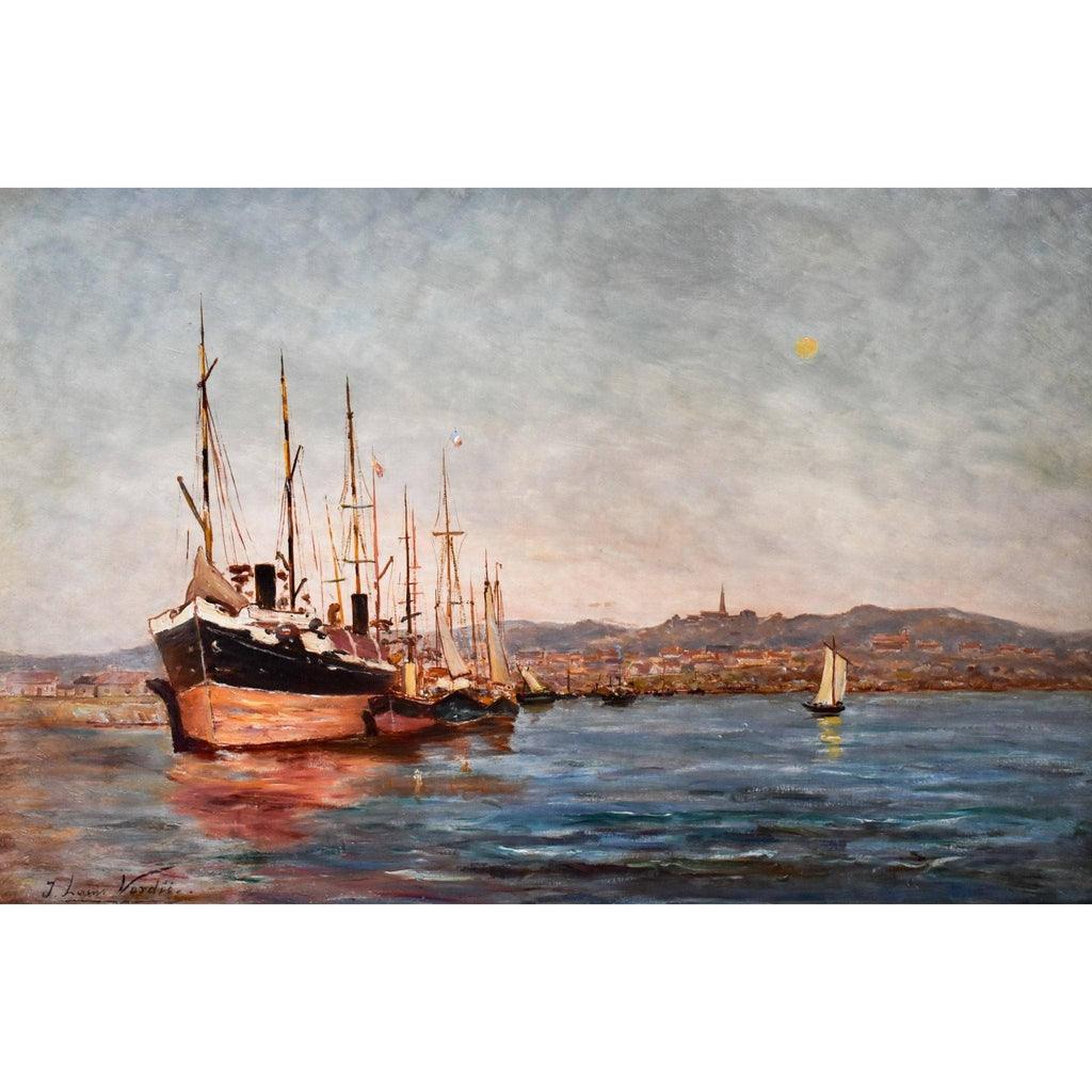 Jean-Louis Verdié c.1900 coastal landscape port scene oil painting full view
