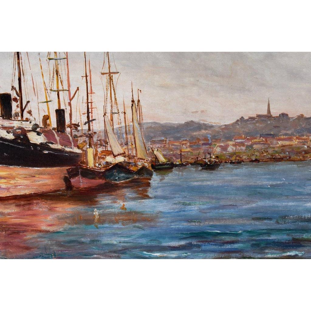 Detail view of harbor activity and boats Jean-Louis Verdié c.1900 seascape
