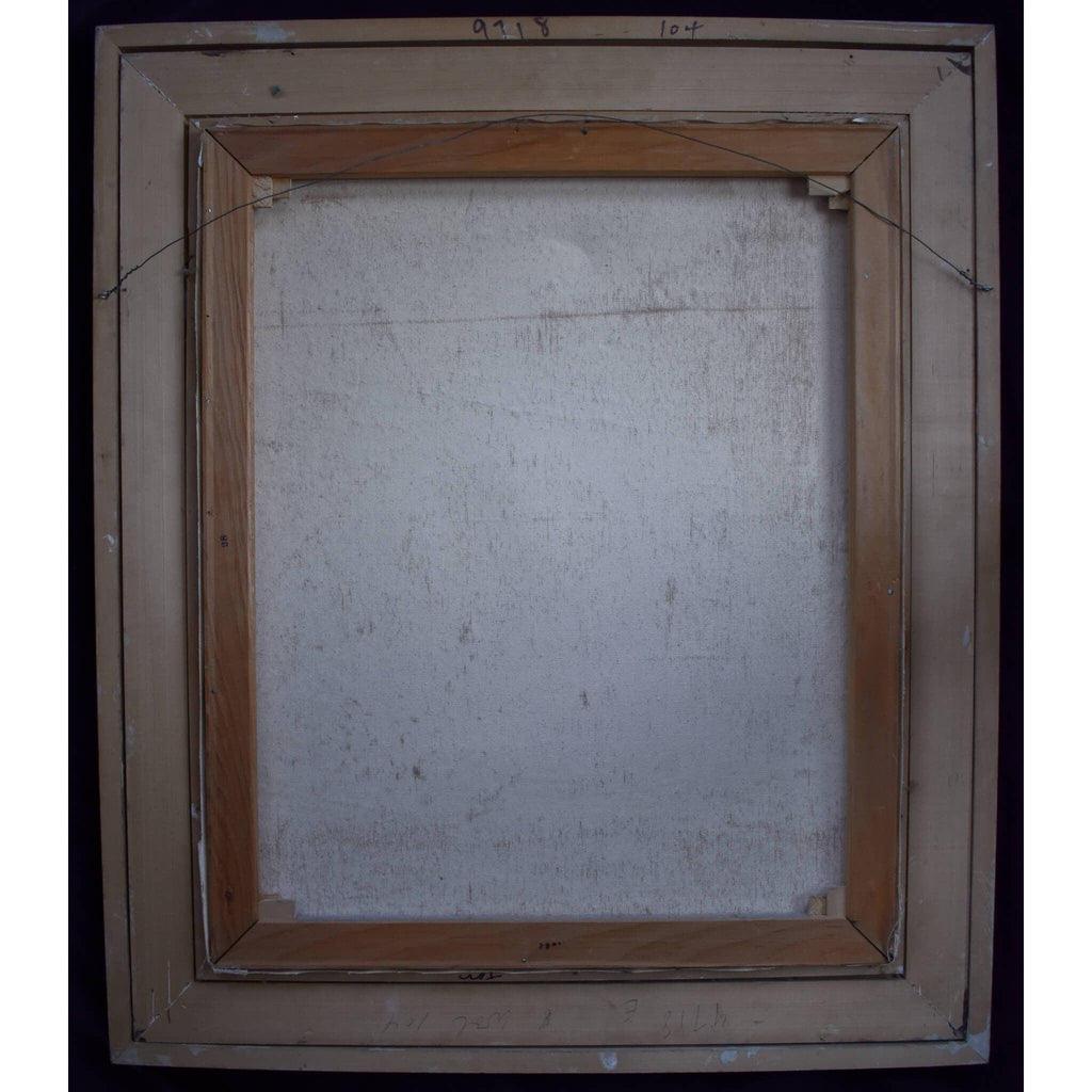 Verso back of Otto Rut painting showing canvas and frame construction

