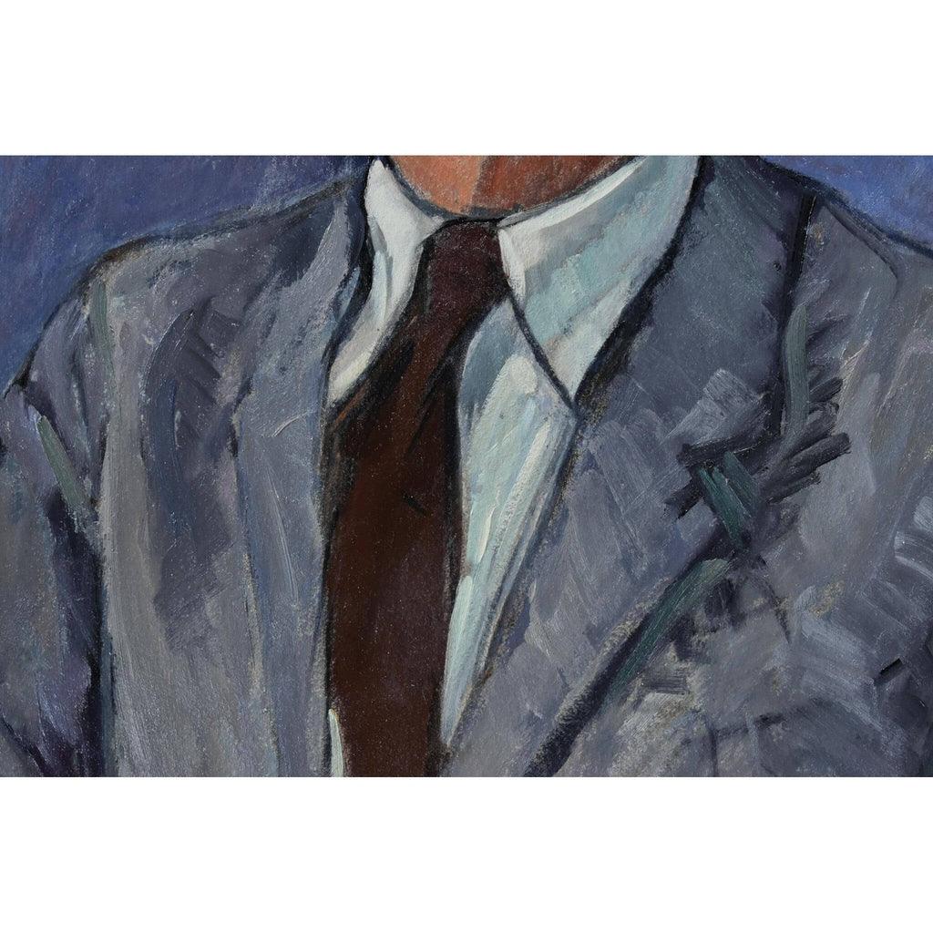 Medium shot detail of man in grey suit Paul Rivoire oil portrait
