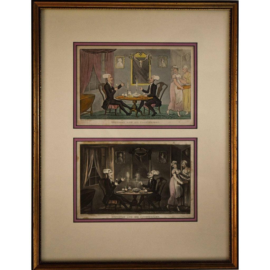Framed Doctor Syntax counterpart print hand-colored aquatint