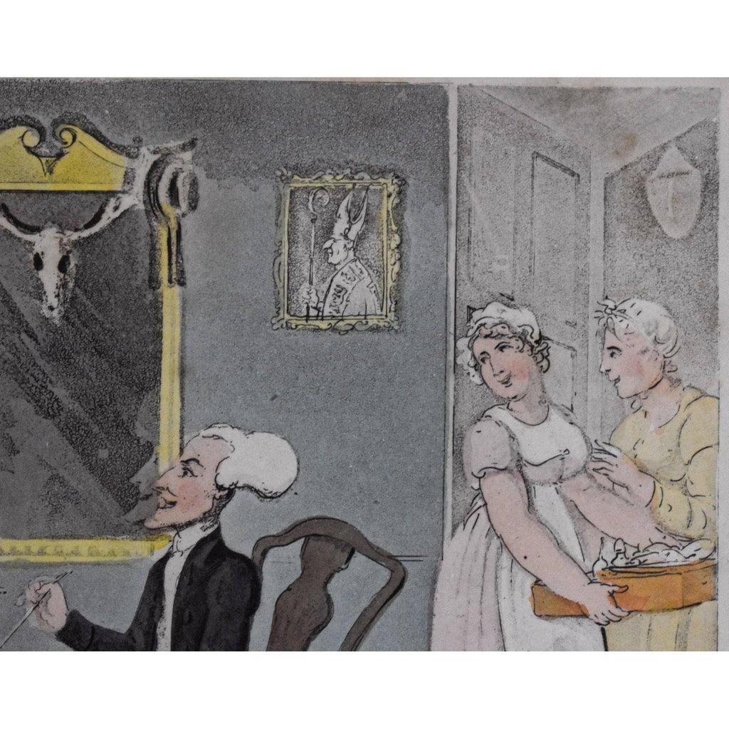 Detail of two maids watching and laughing at doorway 1820

