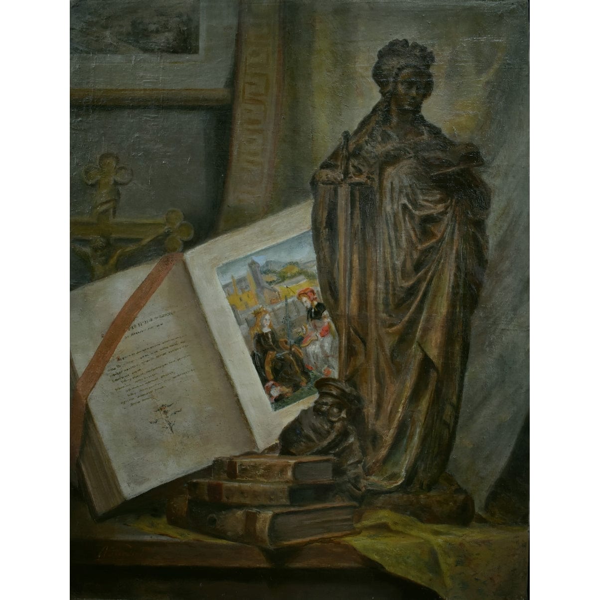 Still life with Saint Catherine statue, books, and manuscript by Adolphe-Jules Pouessel, for sale at Winckelmann Gallery.