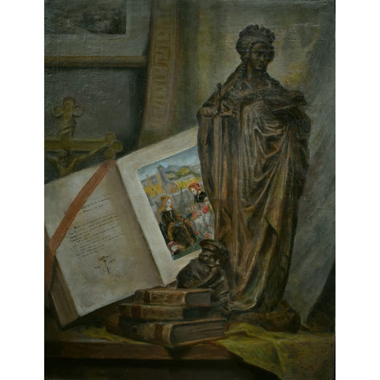 Still life with Saint Catherine statue, books, and manuscript by Adolphe-Jules Pouessel, for sale at Winckelmann Gallery.