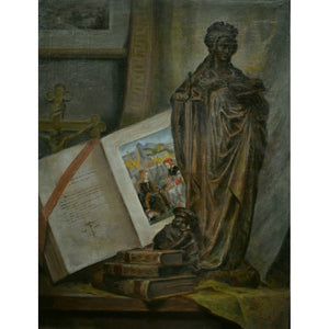 Still life with Saint Catherine statue, books, and manuscript by Adolphe-Jules Pouessel, for sale at Winckelmann Gallery.