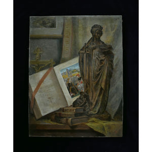 Still life with Saint Catherine statue, books, and manuscript by Adolphe-Jules Pouessel, for sale at Winckelmann Gallery.