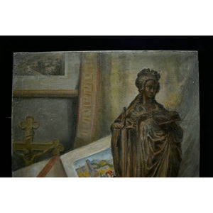 Still life with Saint Catherine statue, books, and manuscript by Adolphe-Jules Pouessel, for sale at Winckelmann Gallery.