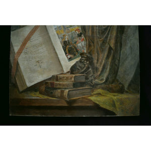 Still life with Saint Catherine statue, books, and manuscript by Adolphe-Jules Pouessel, for sale at Winckelmann Gallery.