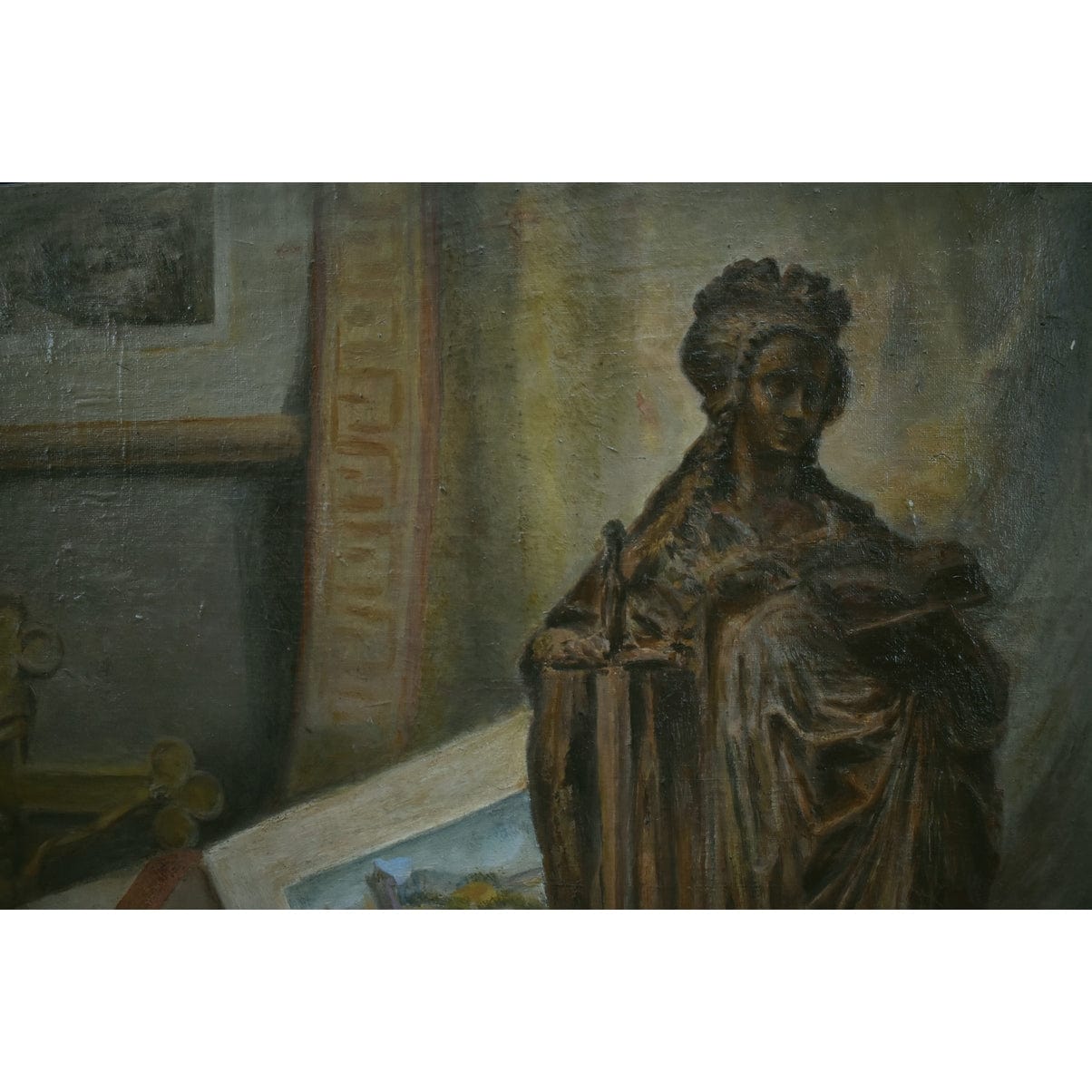 Still life with Saint Catherine statue, books, and manuscript by Adolphe-Jules Pouessel, for sale at Winckelmann Gallery.