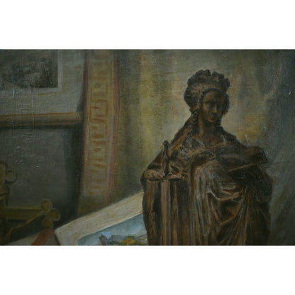 Still life with Saint Catherine statue, books, and manuscript by Adolphe-Jules Pouessel, for sale at Winckelmann Gallery.
