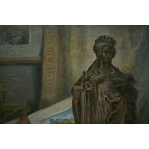 Still life with Saint Catherine statue, books, and manuscript by Adolphe-Jules Pouessel, for sale at Winckelmann Gallery.
