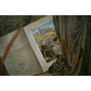 Still life with Saint Catherine statue, books, and manuscript by Adolphe-Jules Pouessel, for sale at Winckelmann Gallery.