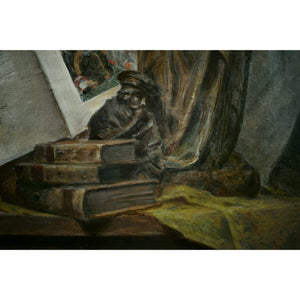 Still life with Saint Catherine statue, books, and manuscript by Adolphe-Jules Pouessel, for sale at Winckelmann Gallery.