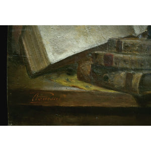Still life with Saint Catherine statue, books, and manuscript by Adolphe-Jules Pouessel, for sale at Winckelmann Gallery.