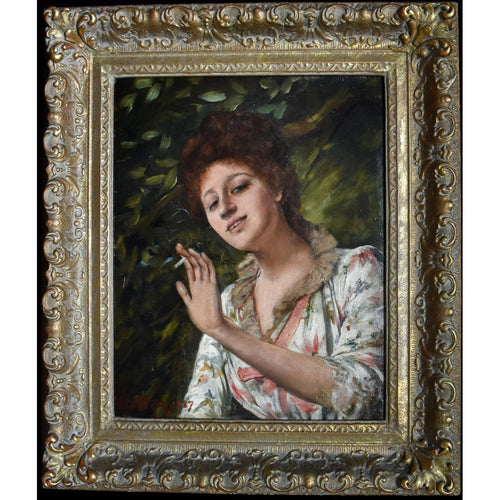 Alfred Mendoza 1887 oil painting Victorian woman smoking cigarette in ornate gold frame