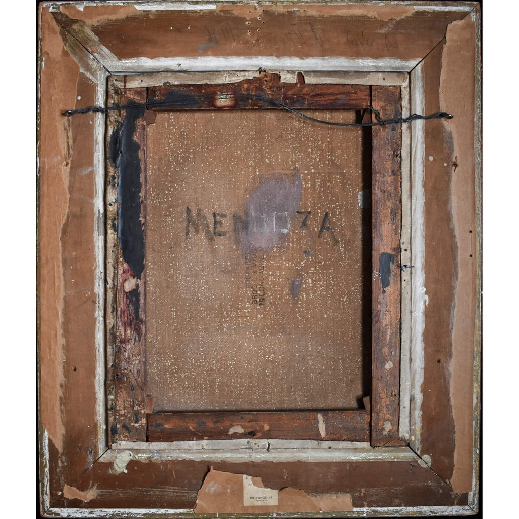 Verso back of Alfred Mendoza 1887 painting showing original wooden frame and canvas