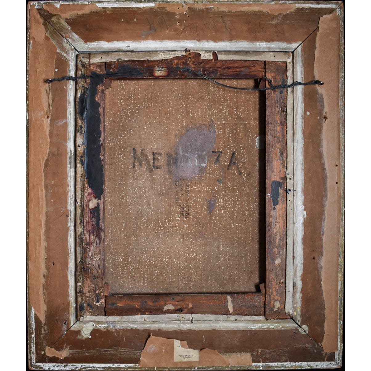 Verso back of Alfred Mendoza 1887 painting showing original wooden frame and canvas
