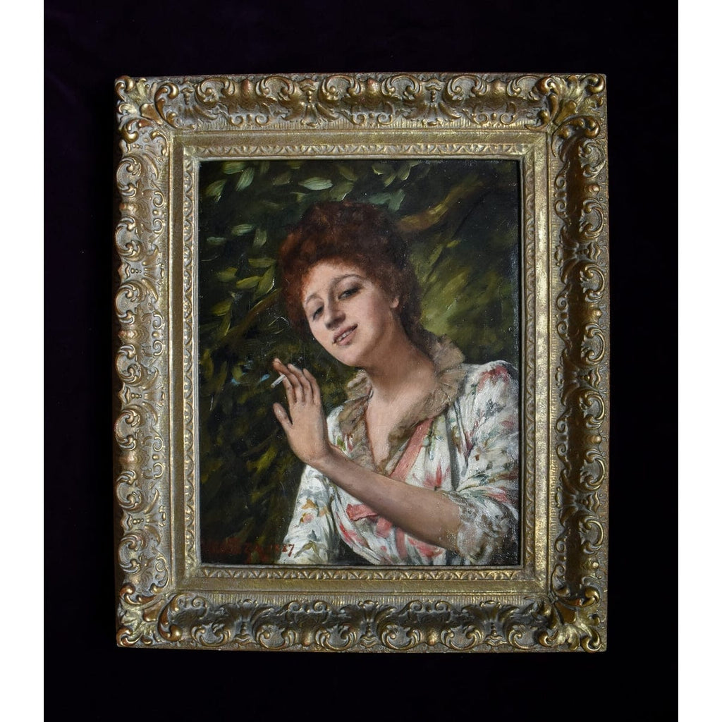 Alfred Mendoza Woman Smoking 1887 portrait on black background showing full ornate frame
