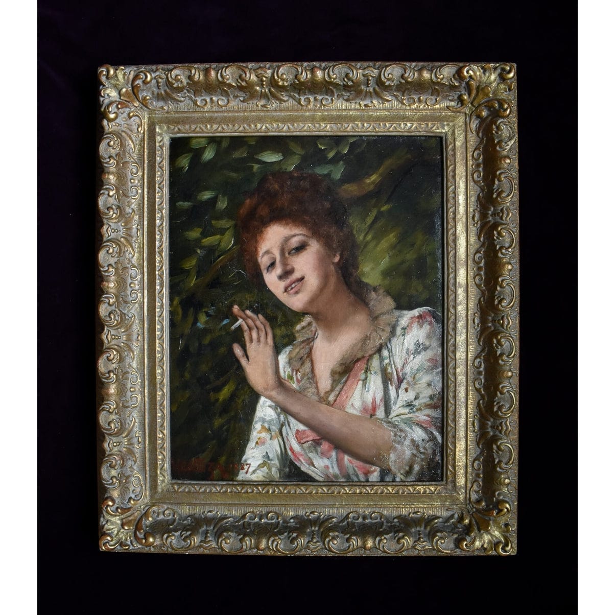Alfred Mendoza Woman Smoking 1887 portrait on black background showing full ornate frame