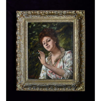 Alfred Mendoza 1887 original oil painting Victorian woman smoking cigarette ornate gold frame